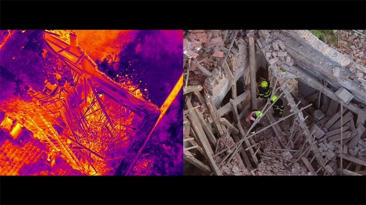 Záběr z dronu při zásahu s hasiči (zdroj foto: Drony SIT) 240416_Dron_SIT_Zasah_HZS