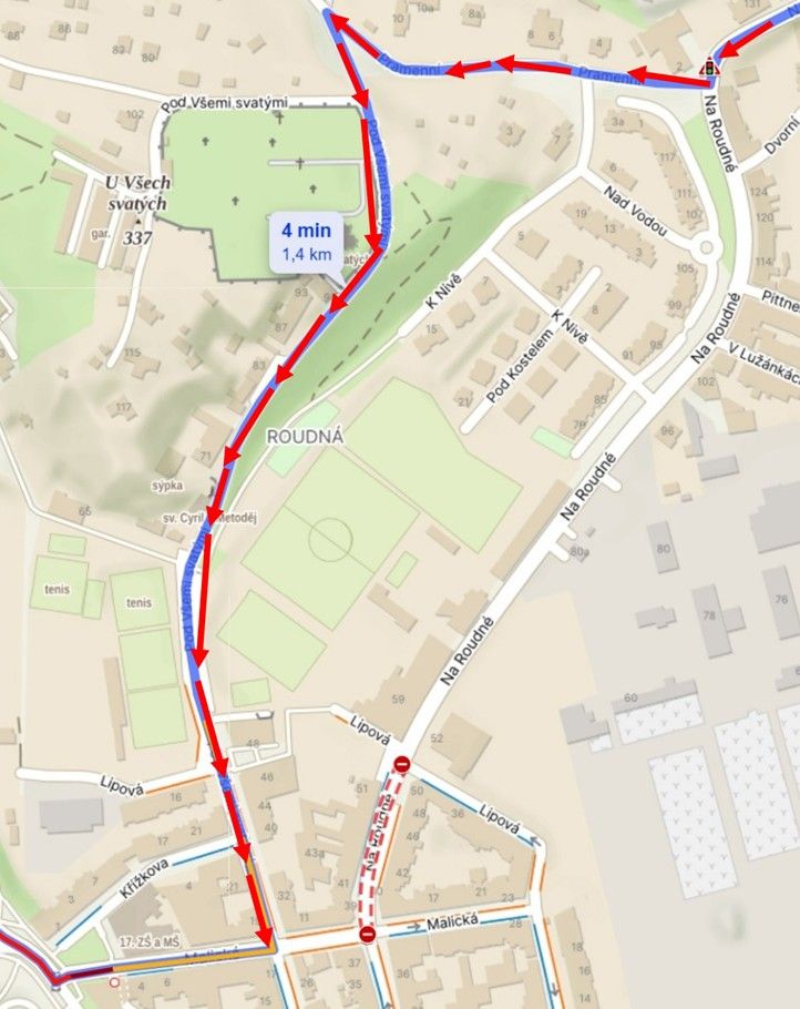 Objízdná trasa do centra (zdroj: Městská policie Plzeň) 240919_Roudna_objizdna_trasa_do_centra