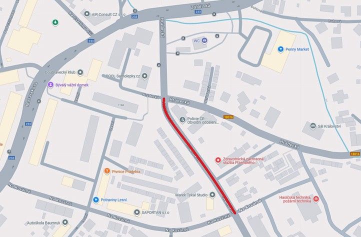 Zákres úseku Hřbitovní mezi ulicemi Hrádecká a Na Kovárně 241114_Hrbitovni_Mapa_I_etap