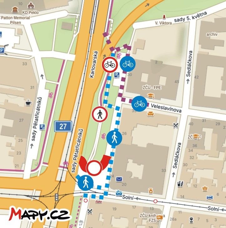 Mapa uzavírky výjezdu z Veleslavínovy ul. ve směru na Lochotín u hlavní pošty 250307_Vyjezd_Veleslavinka_Klatovska_Posta_mapa