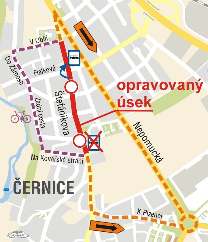 Mapa opravovaného úseku (zdroj: Správa veřejného statku města Plzně) 250528_Stefanikova_Mapa