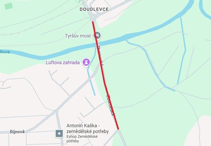 Zákres úseku od okružní křižovatky s ulicí Edvarda Beneše až ke křižovatce s ulicí Strnišťová do mapy 260330_Zborovska_Strnistova